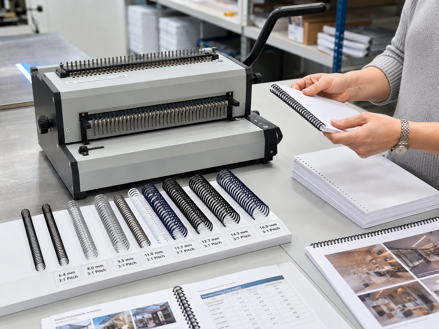 Professional wire binding machine setup showing different wire loop sizes and document binding process for compatibility check
