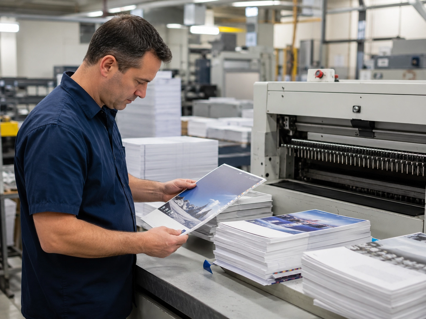 Professional printing press operator inspecting high-quality spiral binding paper stock before the punching process Professional printing press operator inspecting high-quality spiral binding paper stock before the punching process